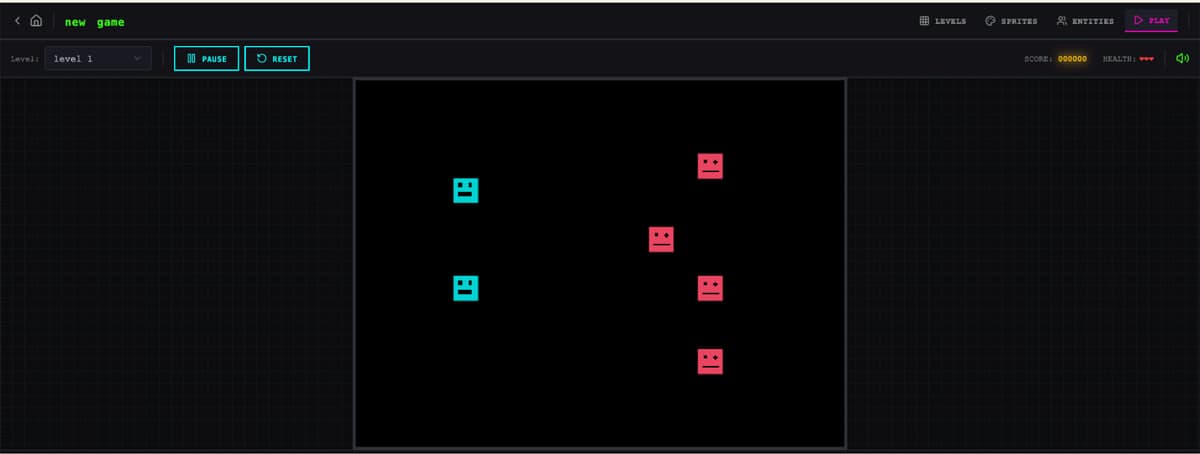 Game maker buatan run agent solo: sebuah level dengan sprite kotak cyan dan merah di kanvas hitam, tombol Pause dan Reset, serta skor nol.