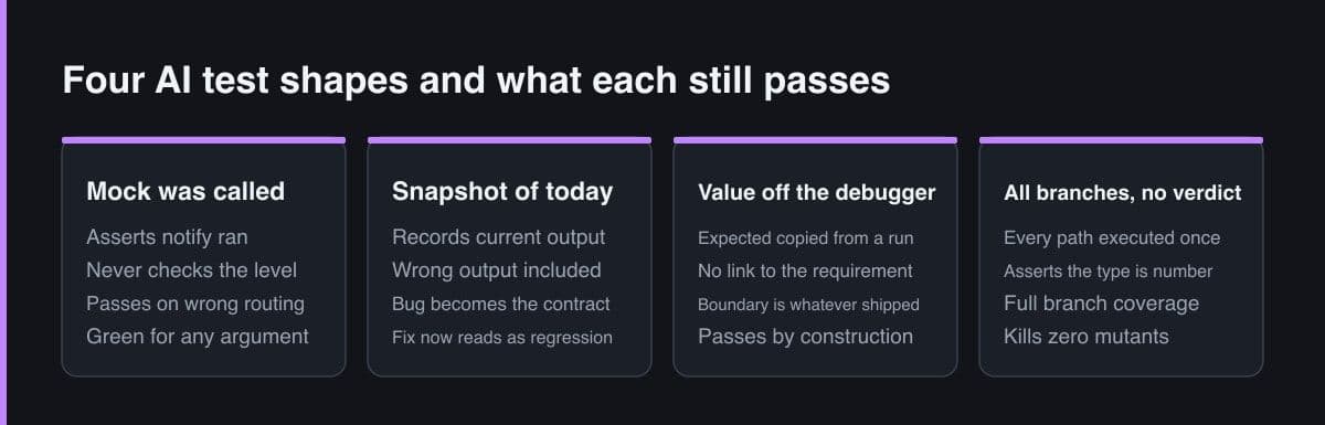 Four side-by-side panels naming AI test shapes, mock was called, snapshot of today, value off the debugger, and all branches no verdict, each listing what it still passes when the code is wrong.