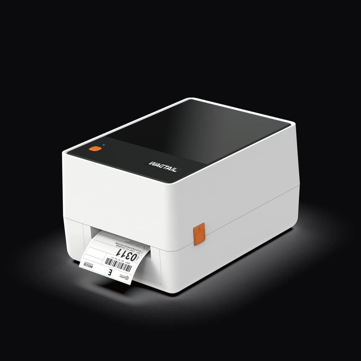 A small thermal label printer photographed against a plain background