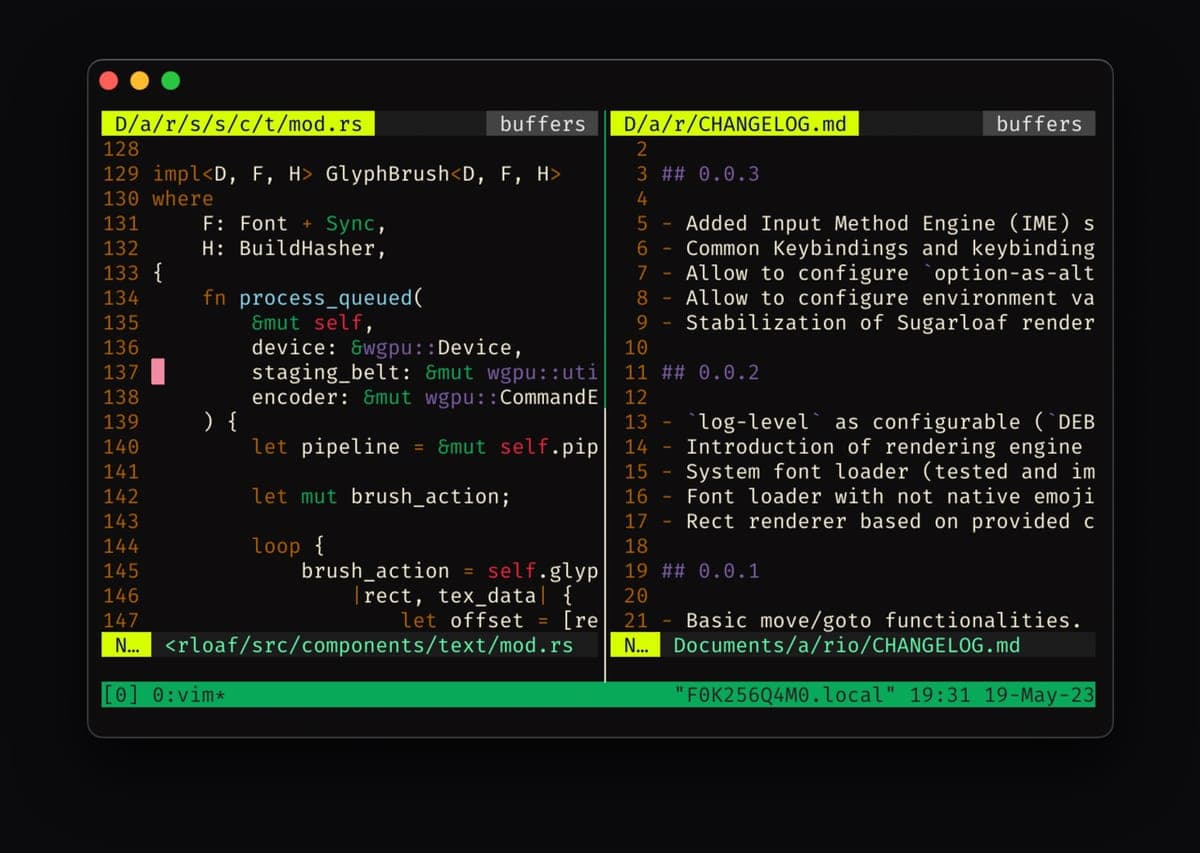 A terminal split into multiple panes running different processes