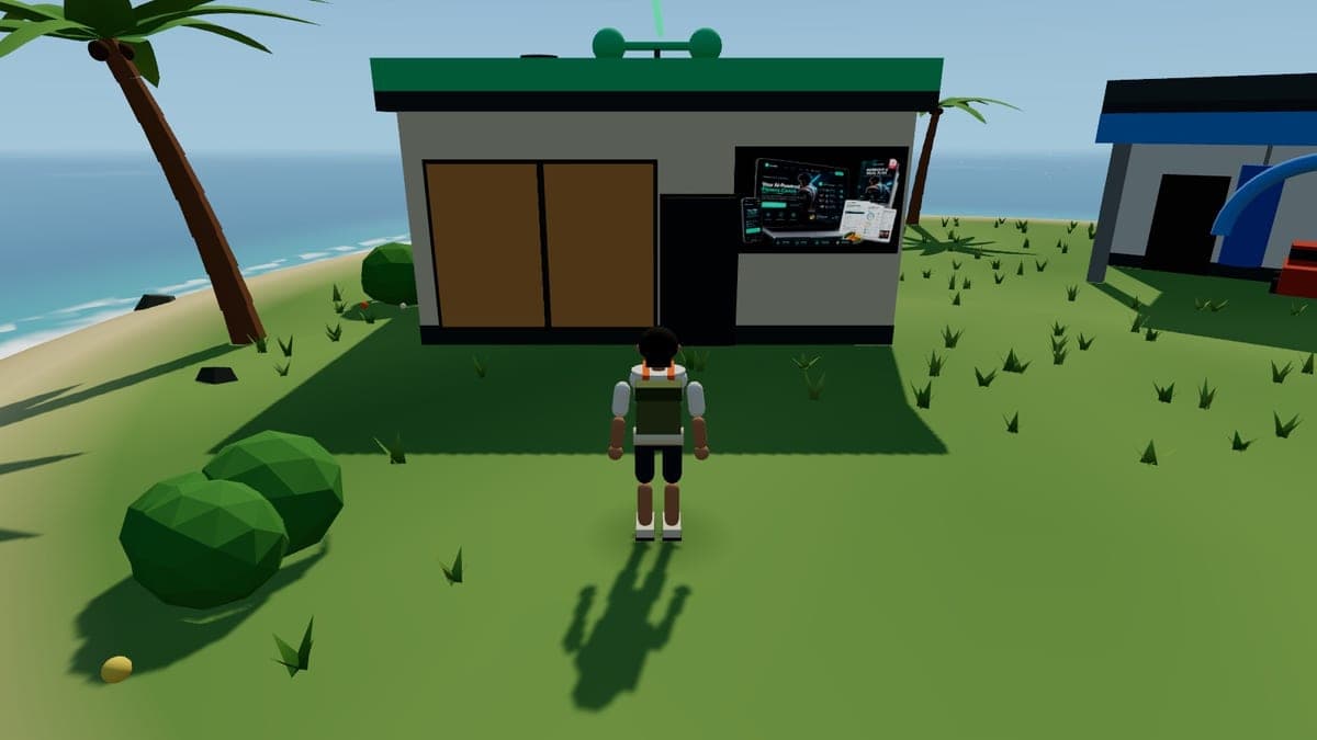 Product Cove in the afternoon: a plaster gym with a glass storefront and a dumbbell sign, the carwash canopy beside it.