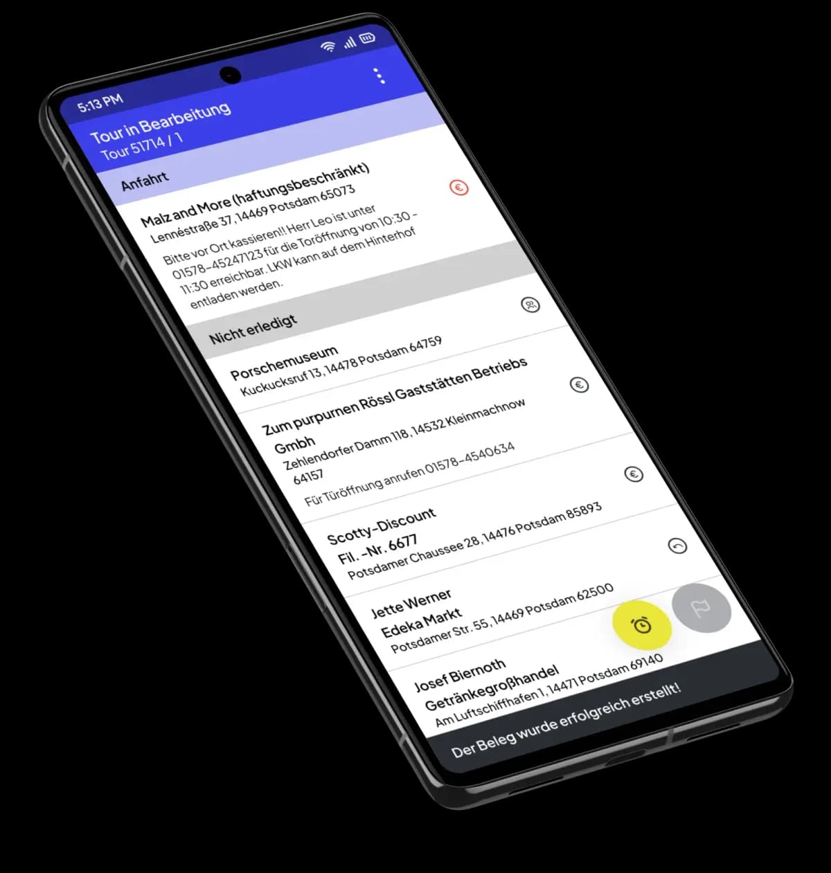 Ontego Traces driver app running on a handheld device