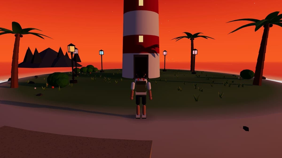 Mercusuar saat senja: garis merah putih, enam tiang lampu menyala di sekeliling pulau, langit merah jingga pekat, kunang-kunang di atas rumput, dan pengelana di depan pintu.