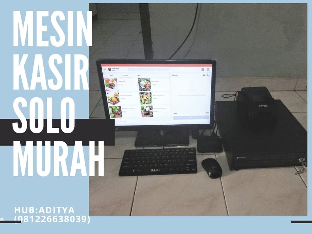Perangkat point-of-sale ringkas dengan printer struk dan laci uang di atas meja kasir toko