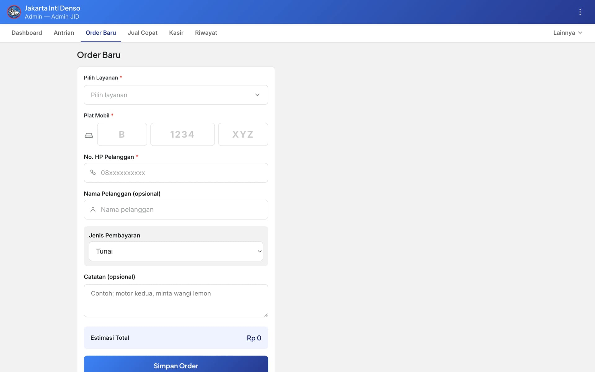 Carwash PoS desktop view — live order queue