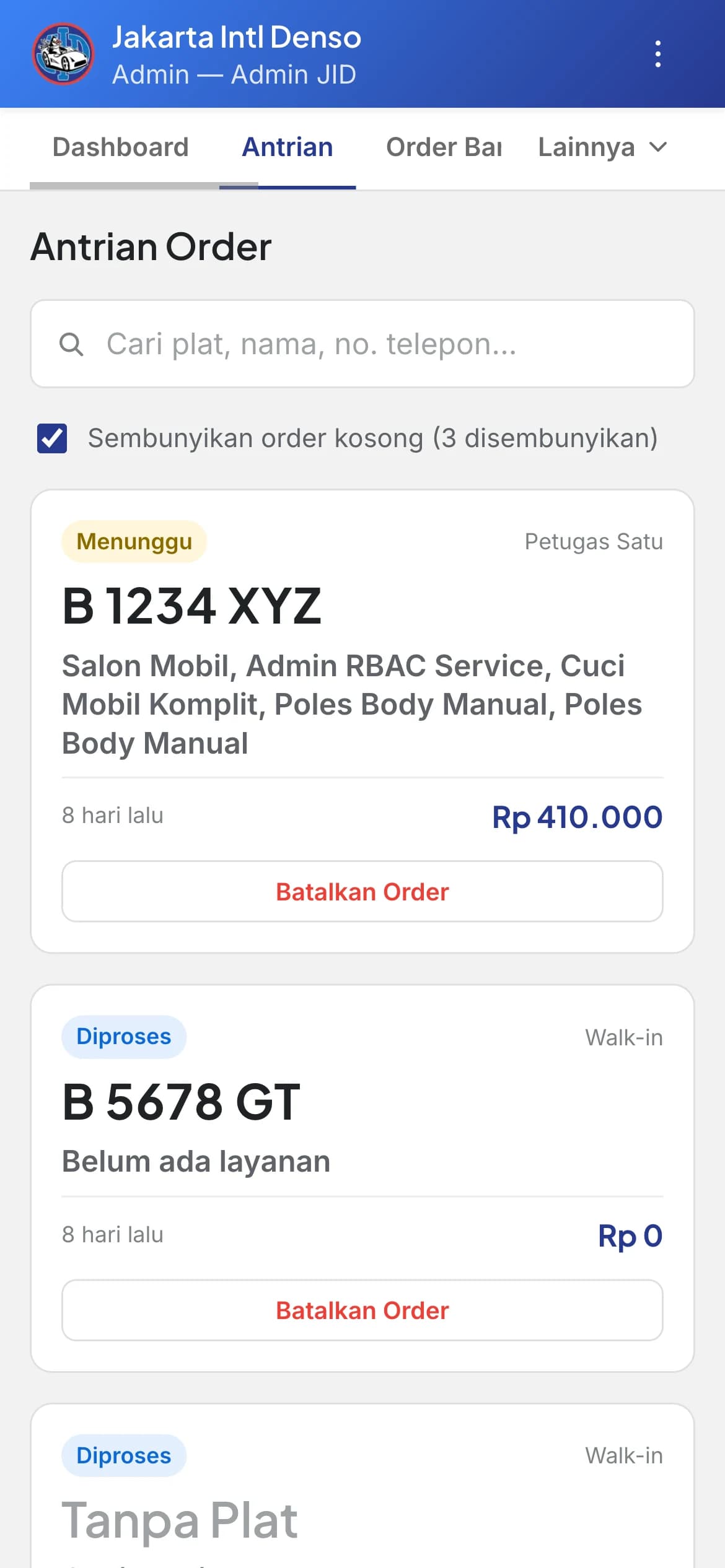 Carwash PoS mobile view — order queue on a phone