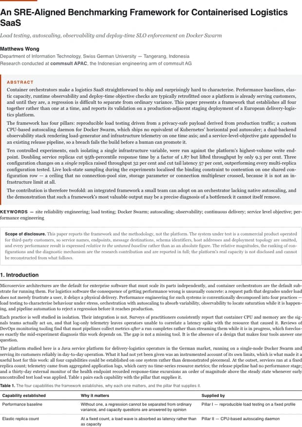 First page of the paper: An SRE-Aligned Benchmarking Framework for Containerised Logistics SaaS